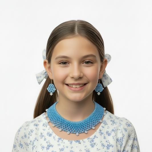 Blue Breeze beaded jewelry set featuring a matching necklace and earrings with vibrant blue beads, handcrafted by ItFits.ae