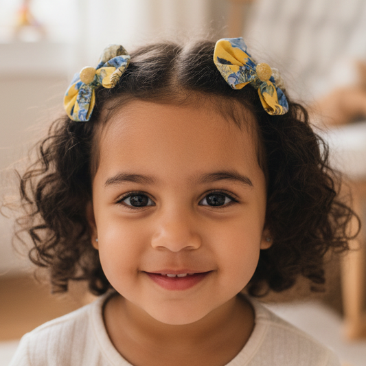 Set of two Sunny Hair Bows from ItFits.ae featuring bright yellow and floral designs for children's hair accessories.